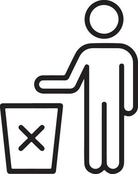 Simple line art icon of a person disposing of trash in a bin with an x mark vector