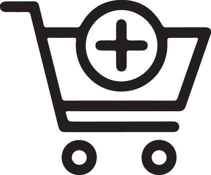Simple black line art icon of a shopping cart with a plus sign inside a circle vector