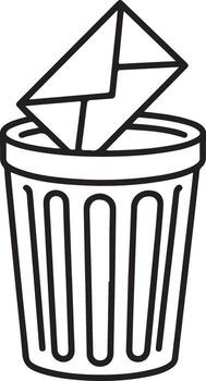Hand drawn illustration of an envelope being thrown into a trash can representing email deletion vector