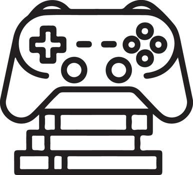 Stylized outline icon of a game controller resting on a stack of game cartridges vector