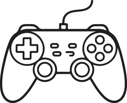 Simple outline drawing of a classic game controller with a wire on a white background vector