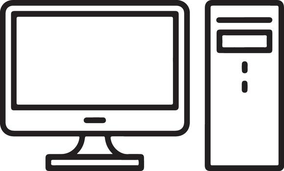 Simple line art icon of a desktop computer with monitor and tower unit vector