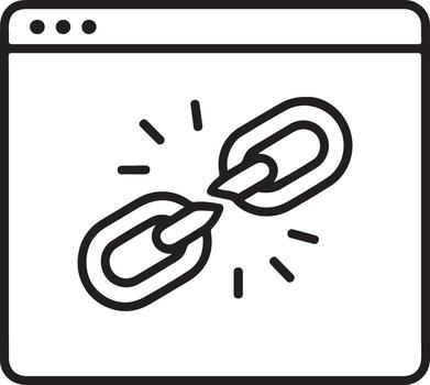 Broken chain link icon inside a browser window symbolizing a broken website link vector