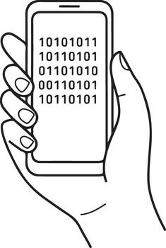 mano participación un teléfono inteligente mostrando binario código en sus pantalla en un sencillo línea dibujo estilo vector