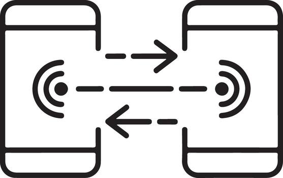 Two smartphones exchanging data wirelessly with dashed arrows indicating connection vector