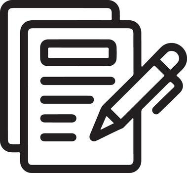 Simple black outline icon of a document with a pen for writing or signing vector