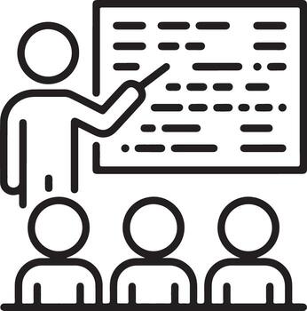 Teacher instructing students at a whiteboard in a classroom setting with simple line art style vector