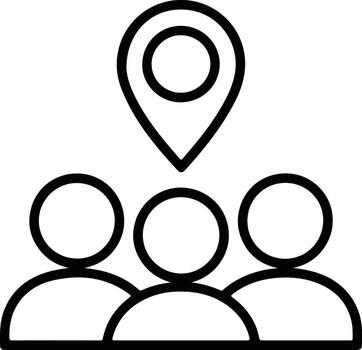 grupo de personas icono con un ubicación alfiler encima ellos representando un reunión punto vector