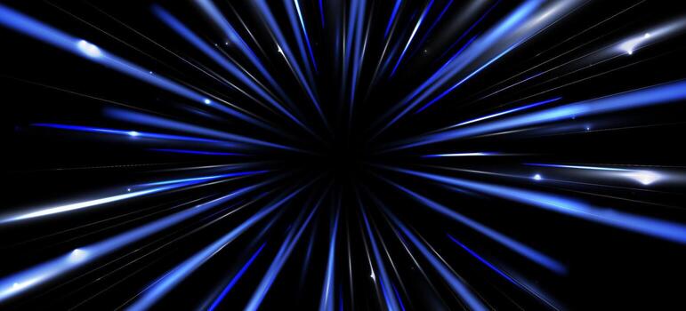 Radial speed rays, light neon flow, zoom in motion effect, blue glow speed lines, colorful light trails, perspective stripes. Abstract background, illustration. vector