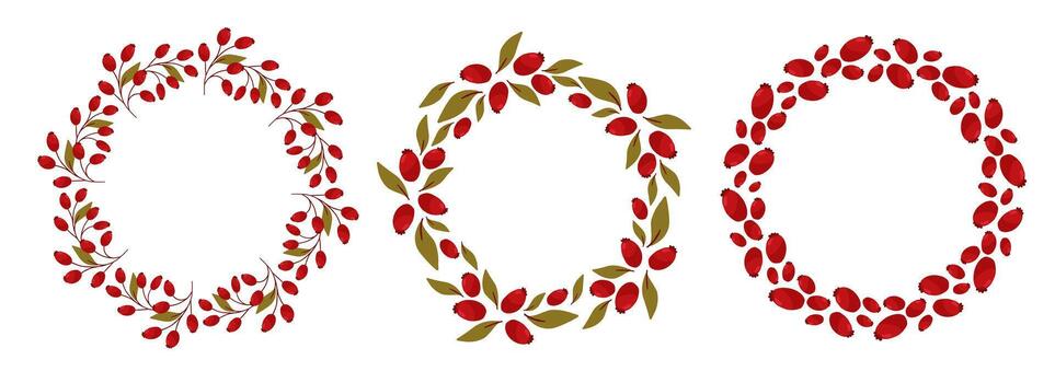 Set of round frames of rosehip branches with and without leaves. Autumn decorative elements for banners, invitations, and design projects. vector