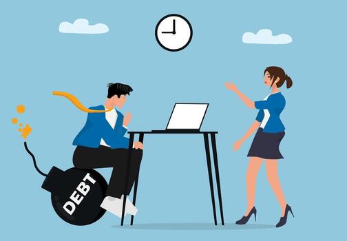 Stressed Businessman Working Under Debt Pressure with Deadline Time Limit While Businesswoman Explains Problem and Laptop Computer on Office Desk vector