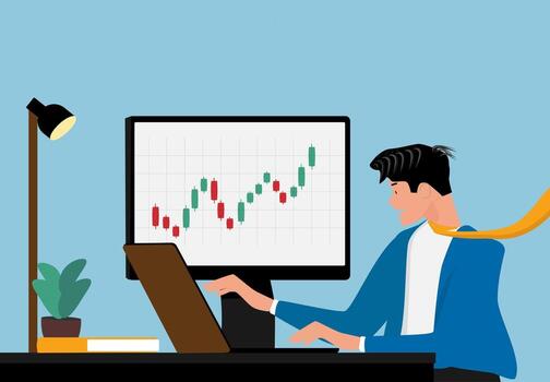 comerciante hombre analizando valores mercado grafico trabajando con ordenador portátil a escritorio vector