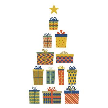 dibujos animados plano estilo Navidad saludo tarjeta con triangular composición de regalo cajas formando un árbol forma coronado con un estrella. vector