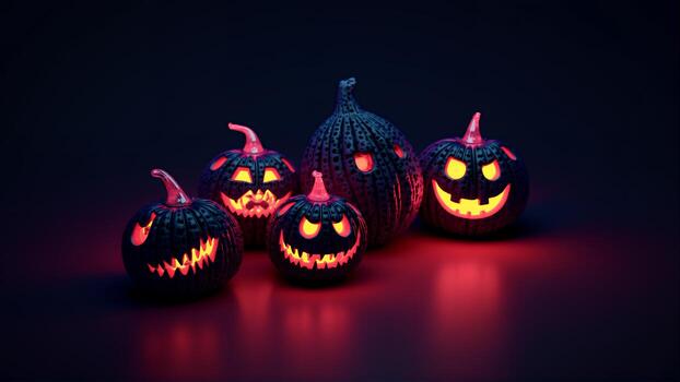 un grupo de Víspera de Todos los Santos calabazas sentado en parte superior de un mesa, rodeado por juguetes y otro objetos. el antecedentes es oscuro, creando un escalofriante atmósfera. foto