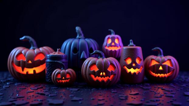 un grupo de tallado calabazas sentado en parte superior de un mesa, iluminado por un oscuro antecedentes. el calabazas son arreglado en un camino ese crea un festivo atmósfera, Perfecto para Víspera de Todos los Santos. foto