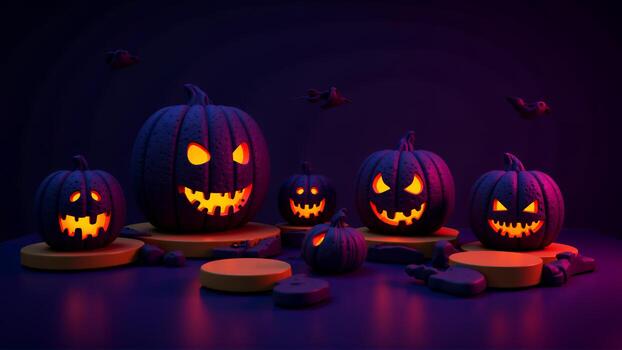 Víspera de Todos los Santos calabazas sentado en parte superior de un mesa, rodeado por juguetes y otro objetos. el antecedentes es oscuro, creando un escalofriante atmósfera. foto