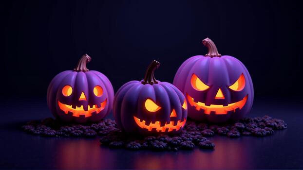 Tres tallado calabazas sentado en parte superior de un mesa, rodeado por un oscuro antecedentes. foto