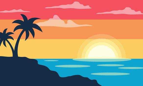 Sunset Beach Background with palm tree vector