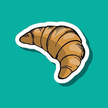 A cartoon-style croissant with a golden-brown color on a bright turquoise background. The croissant has a classic crescent shape and visible flaky layers. vector