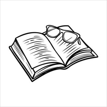 An open book with pages slightly curled. A pair of glasses rests on top of the book. The scene conveys a sense of reading and knowledge. vector