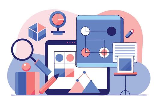 Magnifying glass scrutinizes a tablet showing grids, coupled with a monitor and floating charts vector