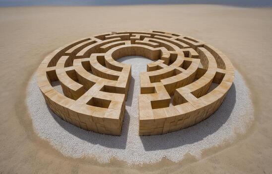 Labyrinth pattern forms a timeless vortex in an arid landscape inviting exploration and reflection under a clear sky photo