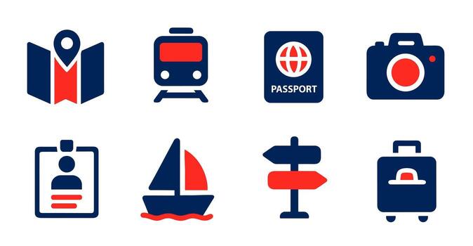 Simple travel icons representing different modes of transportation and travel documents for vacation planning, creating a sense of adventure and excitement. vector