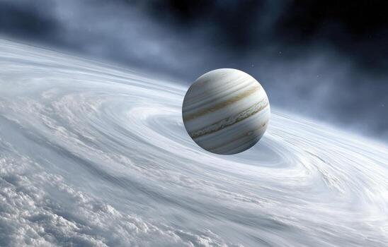 A captivating view of Jupiter rotating elegantly amidst swirling nebula clouds in slow motion photo