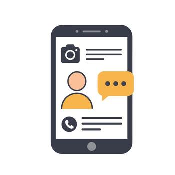 Smartphone displays contact information with camera, profile, phone, and message icons on screen, representing modern communication. vector