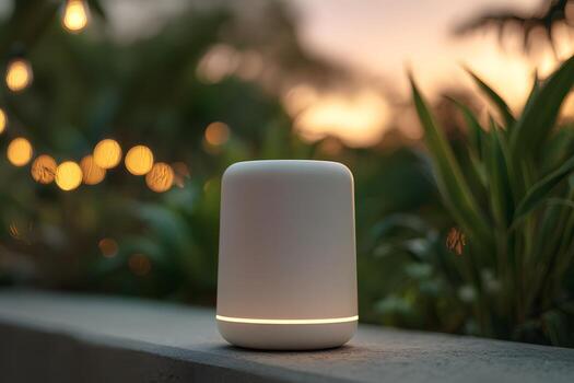 A modern smart speaker placed on a stone surface. The speaker has a sleek design with a soft glow. Surrounding greenery adds a touch of nature to the digital lifestyle. photo