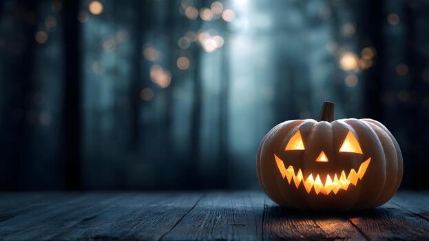 un tallado calabaza con un escalofriante cara se sienta en un de madera superficie. el antecedentes caracteristicas un oscuro bosque con suave, difundido luz, creando un Víspera de Todos los Santos atmósfera. foto