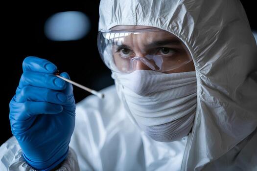 Forensic scientist in white protective suit examining evidence sample in laboratory, crime scene investigation photo