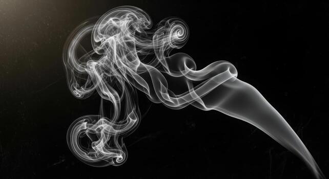 A delicate wisp of white smoke rises and curls in elegant, abstract patterns against a solid black background, representing tranquility, aroma, and ephemeral beauty. photo