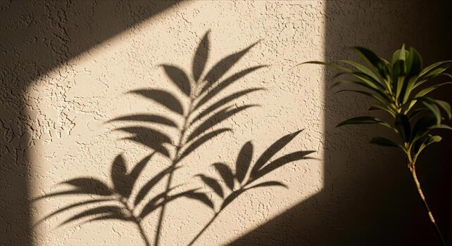 The distinct shadow of a plant's leaves is cast onto a sunlit, textured beige wall, creating a beautiful, minimalist, and natural abstract background of light and shade. photo