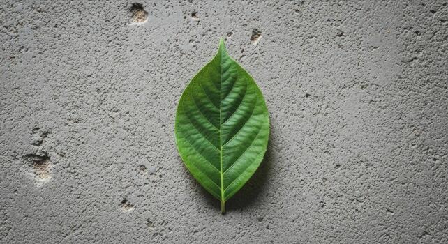 A single vibrant green leaf with detailed vein texture rests on a rough, grey concrete background, creating a minimalist natural contrast. photo