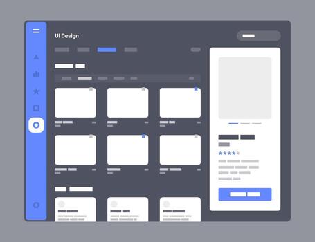 Concept for social media, online store, hotel reservation. Wireframes screens with place for photo. Dashboard UI and UX Kit design. Use for mobile app or website. vector