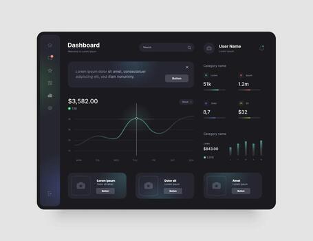 oscuro tono tablero diseño. aplicación interfaz con ui y ux elementos. utilizar diseño para web solicitud, escritorio o móvil aplicación vector