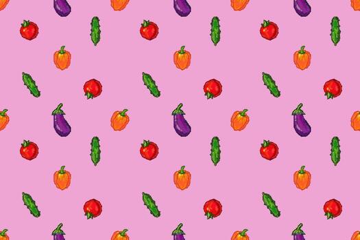 Seamless pixel art pattern with vegetables. Tomato, cucumber, bell pepper, and eggplant in colorful retro 8bit style on pink background. vector