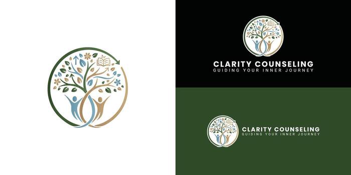 A circular logo featuring a tree with two human figures as the trunk, symbolizing connection and personal growth. This design represents the journey of self-discovery and life's path. vector
