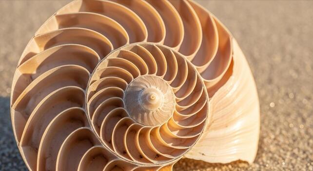 A beautiful, intact nautilus shell displaying its perfect logarithmic spiral sits on a sandy beach, symbolizing nature's perfect geometry, growth, and marine life. photo