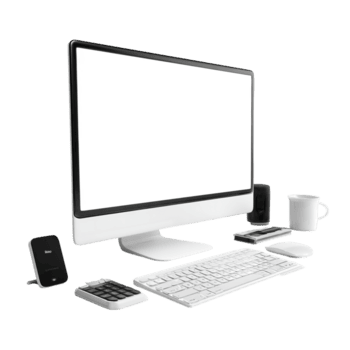 Modern computer setup with blank screen monitor keyboard mouse and accessories for remote work png