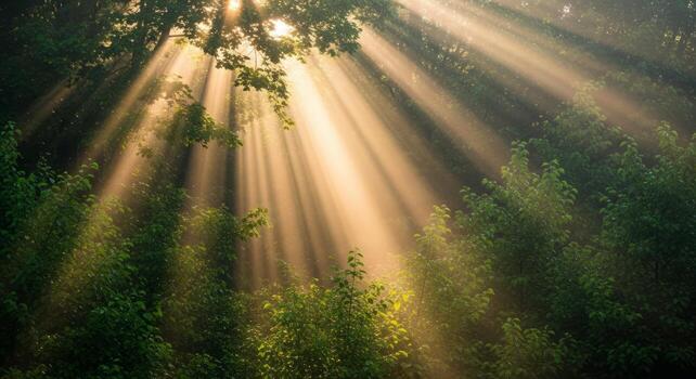 Beams of golden sunlight stream through the canopy of a lush green forest, illuminating the trees and creating long shadows. photo
