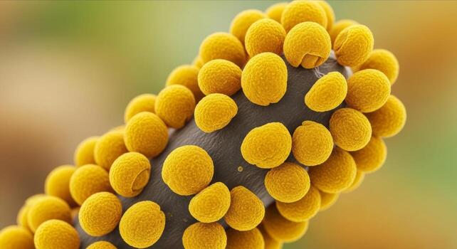 un macro, microscópico estilo ver de vibrante amarillo esférico células o polen granos agrupados juntos, creando un detallado científico textura. foto