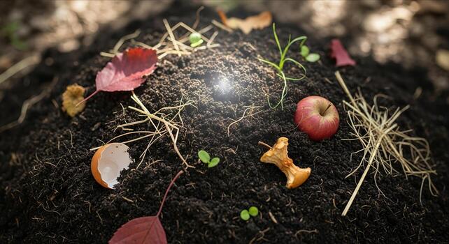 A whimsical, miniature fantasy scene unfolds on the forest floor with glowing mushrooms, a tiny apple, and magical elements nestled in rich, dark soil, evoking a sense of wonder. photo