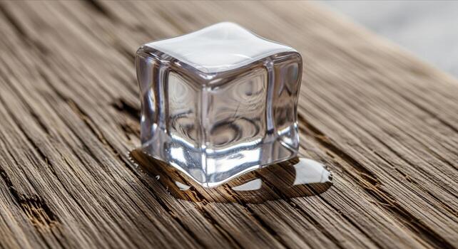a small cube of ice sitting on top of a wooden surface photo