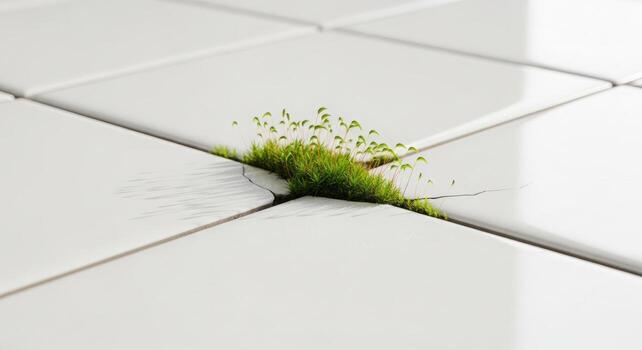A small clump of resilient green grass growing between the clean, white tiles of a modern floor, symbolizing hope and persistence. photo