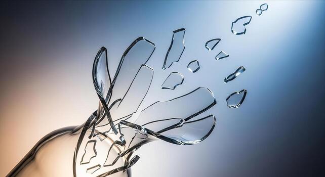 Sharp shards of a shattered transparent glass fly through the air against a gradient background, symbolizing a breakthrough, failure, accident, or sudden change. photo