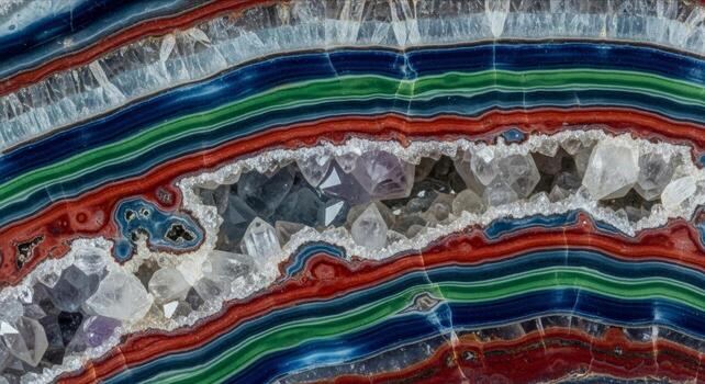 A macro close up of a colorful polished agate slice, revealing intricate layers, bands, and crystalline texture in shades of blue, red, and white. photo