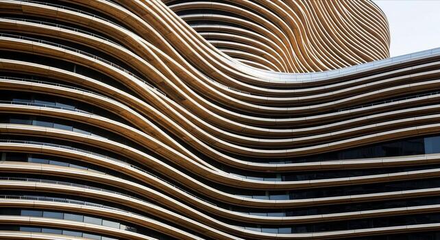 An abstract architectural interior featuring a flowing parametric wall made of undulating layers of light-colored wood, creating a dynamic and modern organic texture. photo