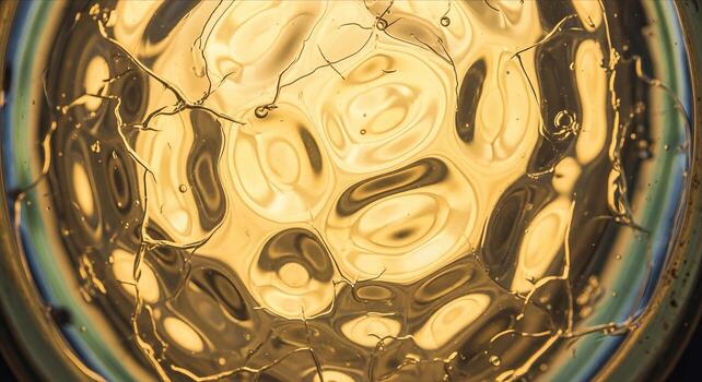 An overhead macro view of a molten gold liquid surface creates a luxurious abstract background with organic shapes, bubbles, and a rich, flowing texture. photo